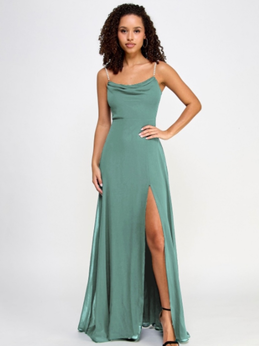 City Studios Juniors' Drape-Neck Faux-Peal-Strap Gown - Vintage Sage Size3/4